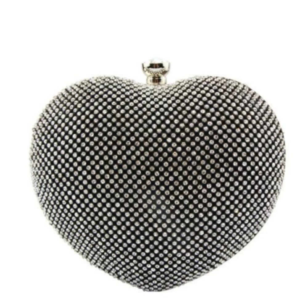 Selini Sparkling Silver Heart Rhinestone Clutch/Purse w/Silver Shoulder Chain